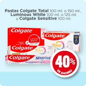 pastas colgate total 100 ml o 150 ml, luminous white 100 ml o 125 ml y colgate sensitive 100 ml al 40 % de ahorro